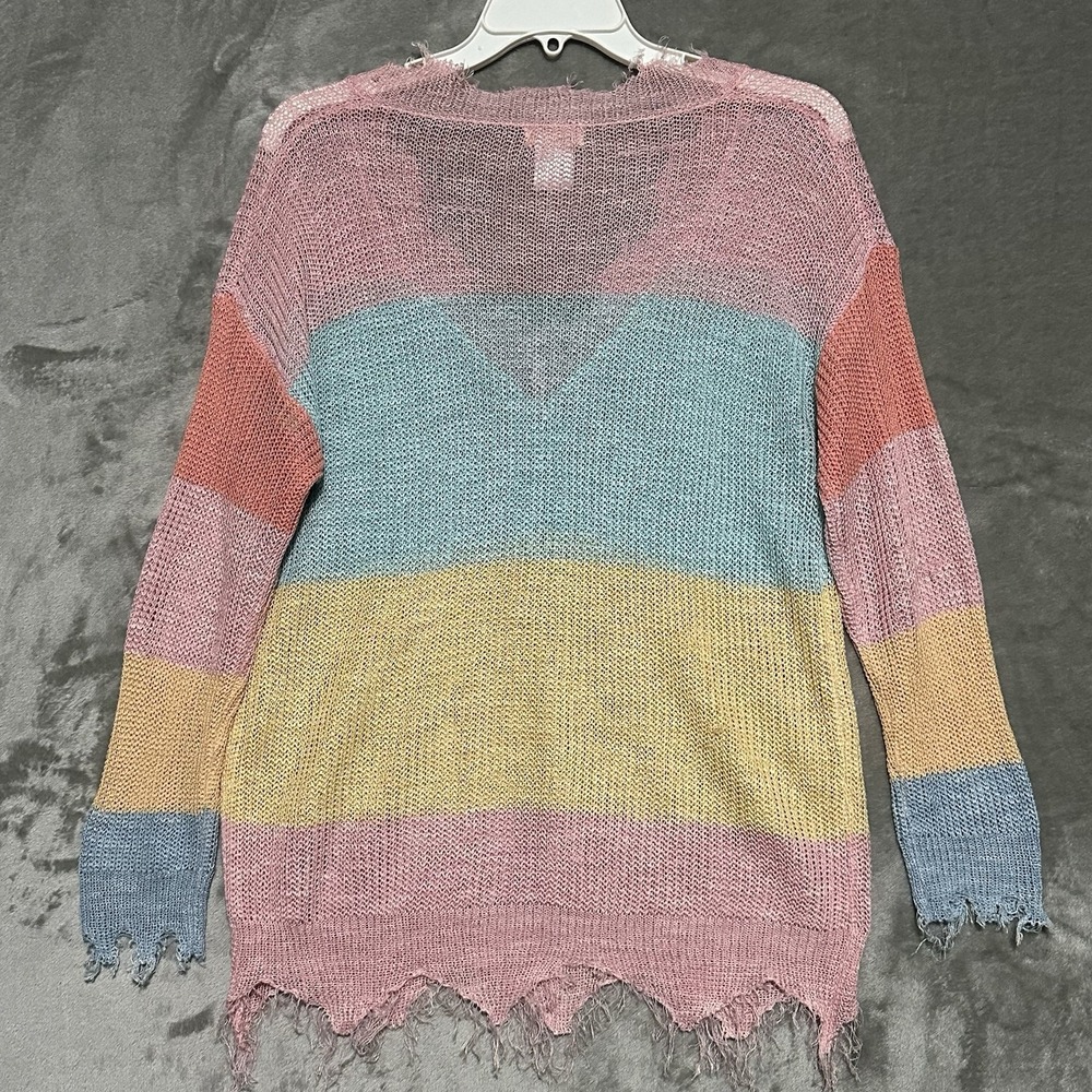 Main Strip Distressed V Neck Sweater Womens S Pink Colorblock Oversized Boho - Picture 5 of 5